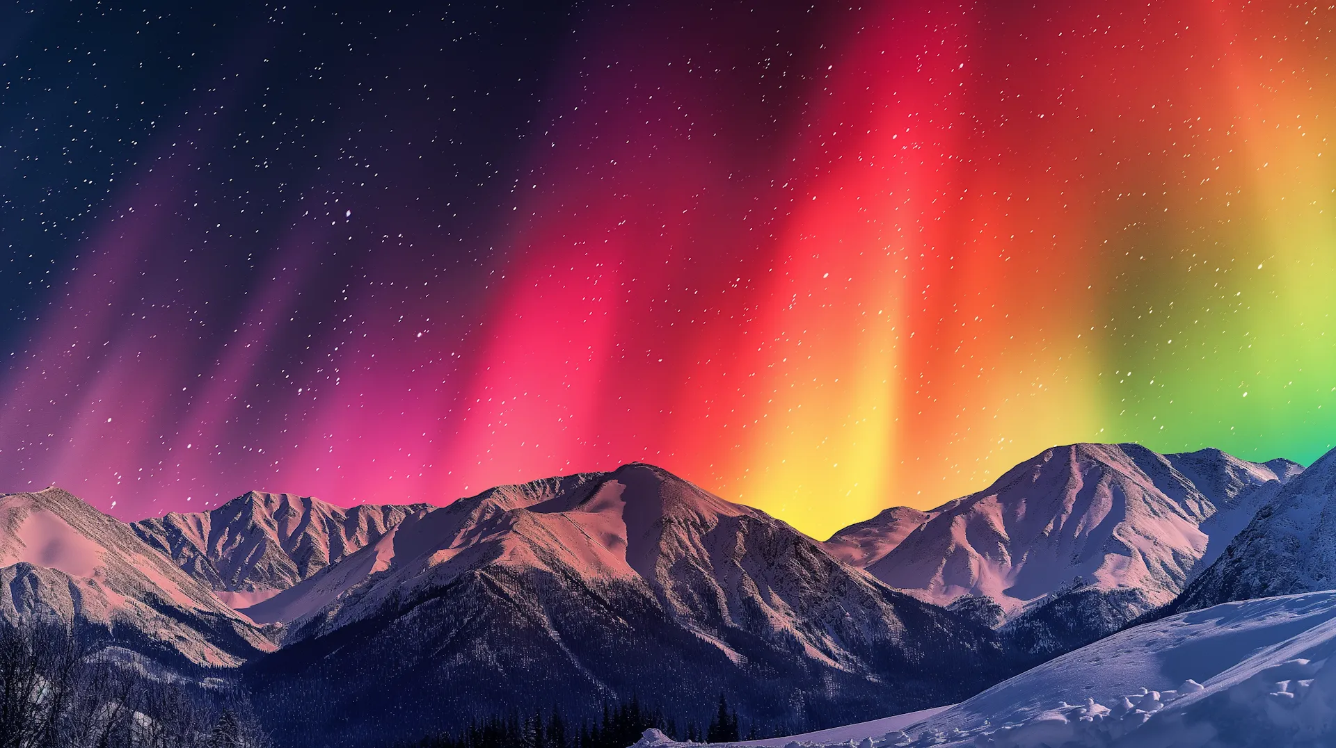 Snowy Mountains under the Northern Lights